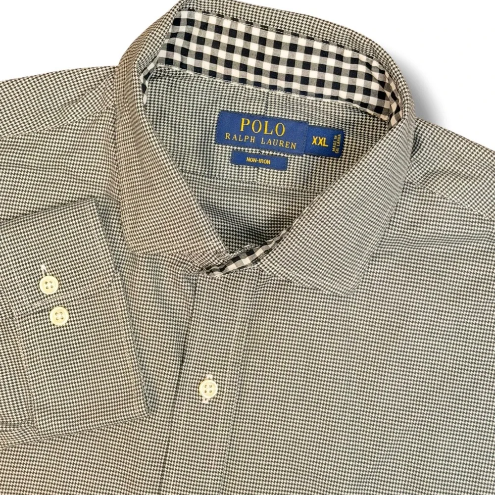 Polo Ralph Lauren Button Front Men XXL Black White Houndstooth Cotton Non-Iron